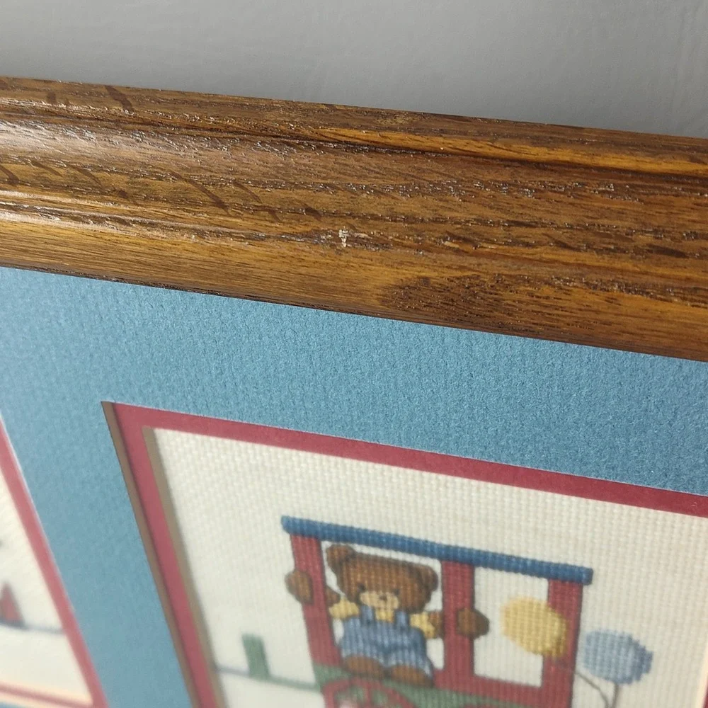 Vintage Framed Cross Stitch Nursery Art Geese Duck Teddy Bear Train Dale Burdett